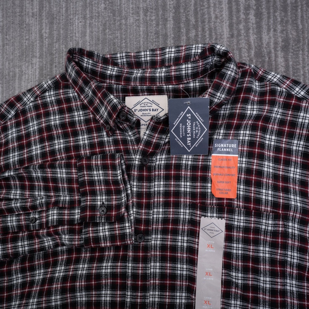 St Johns Bay Mens XL Burgundy Black Plaid Signature Flannel Shirt New NWT